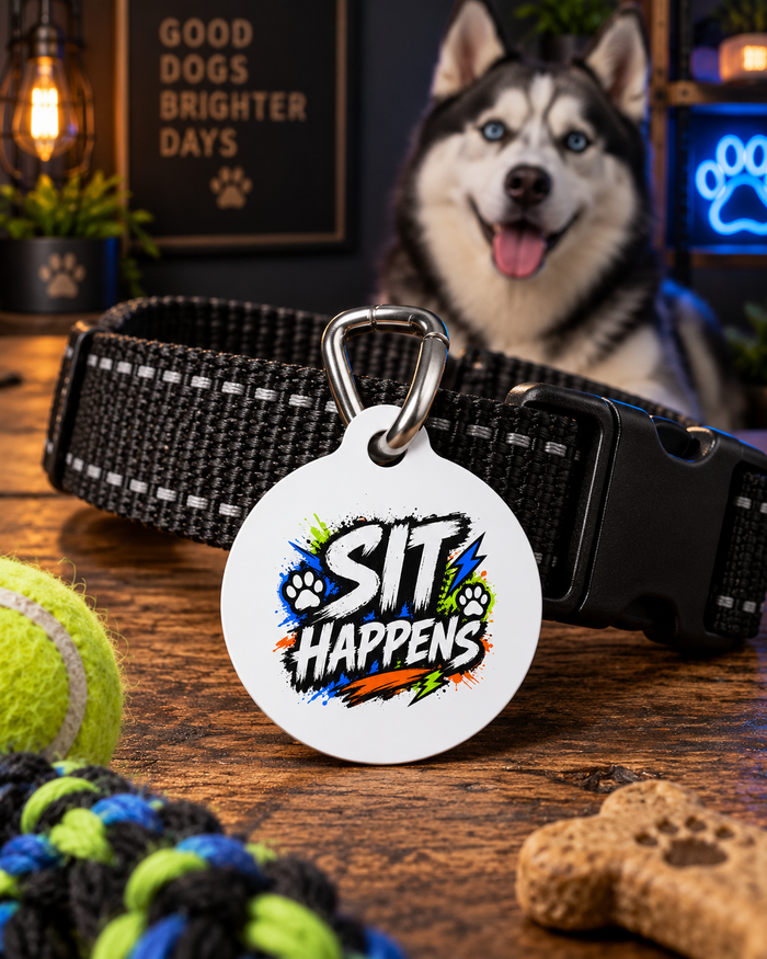 Sit Happens Personalized Pet Tag — Funny Dog ID Tag