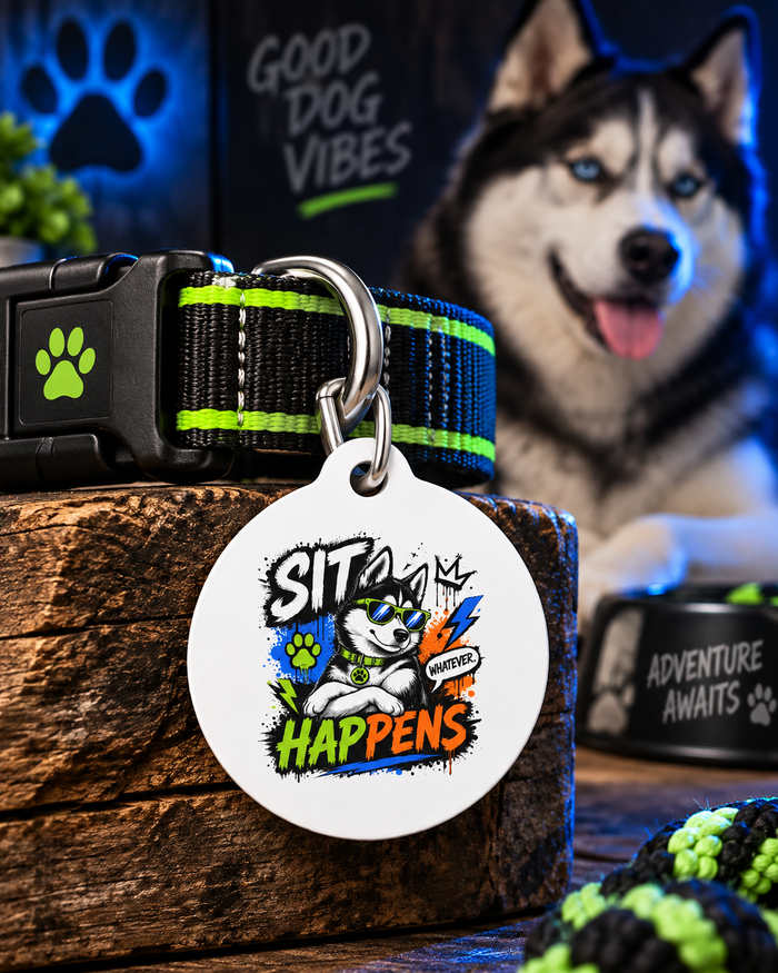 Sit Happens Whatever Pup Personalized Pet Tag — Funny Dog ID Tag